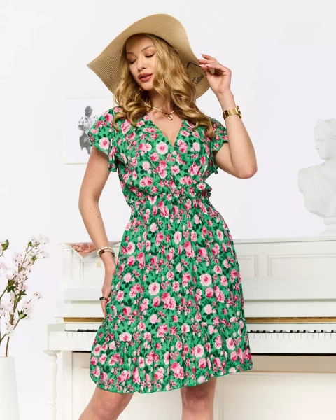 Royalfashion Zielono- różowa krótka damska sukienka  z printem