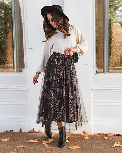 Royalfashion Wzorzysta damska spódnica midi z tiulem