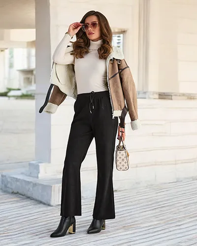 Royalfashion Czarne damskie sztruksowe spodnie materiałowe