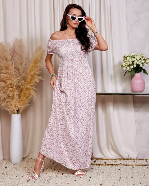 Royalfashion Biało- różowa kwiecista sukienka damska maxi a'la hiszpanka