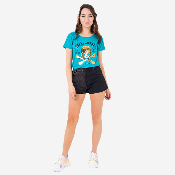 Royalfashion Niebieski damski t-shirt z cekinami i napisami