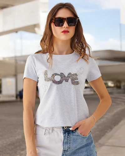 Royalfashion Bawełniany damski t-shirt LOVE z cyrkoniami