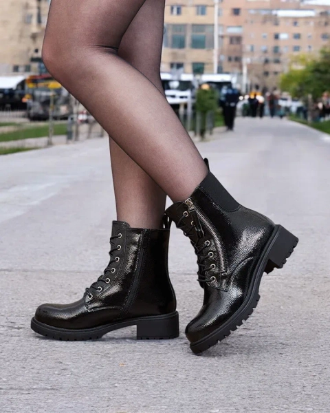 Royalfashion Czarne eko skórzane lakierowane damskie botki workery Gaddaxa