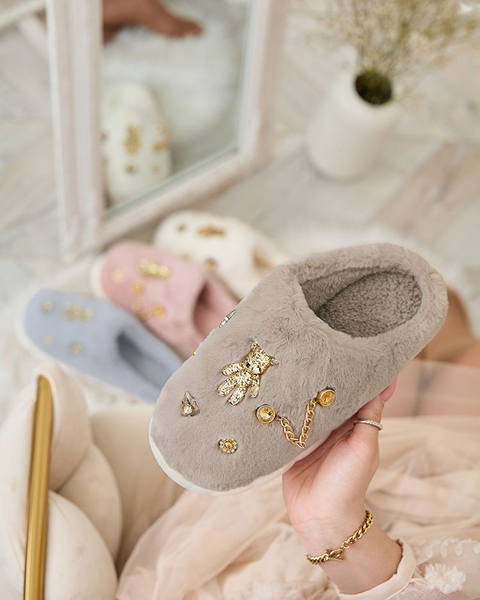 Royalfashion Szare damskie futrzane kapcie z ozdobami Erserra