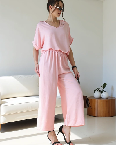 Royalfashion Damski komplet casualowy z bluzką z krótkim rękawem i szerokimi spodniami