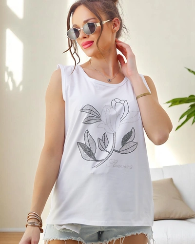 Royalfashion Bawełniana bluzka damska na ramiączkach z cyrkoniami FLOWERS