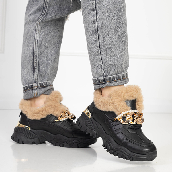 Royalfashion Sportowe czarne buty damskie z futerkiem Flixis