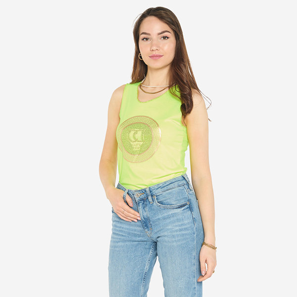 Royalfashion Żółta neonowa bluzka na ramiączkach z printem i cyrkoniami