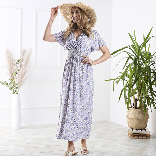 Royalfashion Długa fioletowa damska sukienka w drobne kwiaty