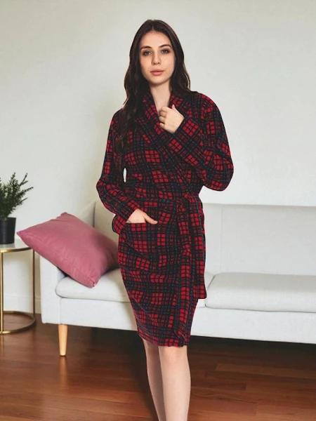 Royalfashion Czerwono-granatowy damski szlafrok w kratę