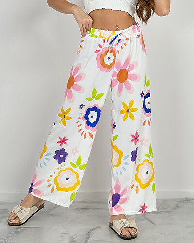 Royalfashion Szerokie spodnie damskie materiałowe w kwiaty