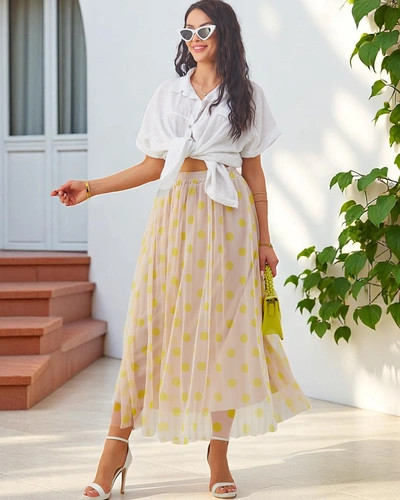 Royalfashion Wiskozowa damska spódnica midi z tiulem w kropeczki