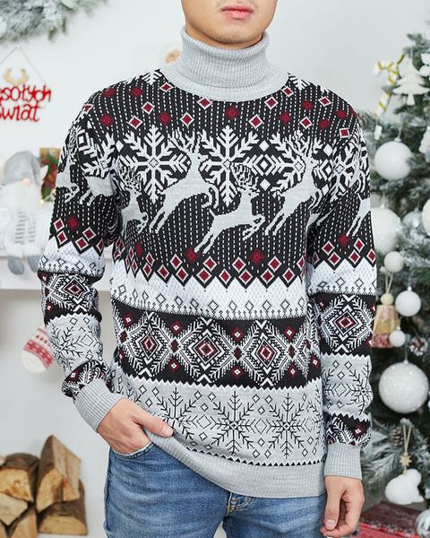 Royalfashion Świąteczny męski sweter z golfem w kolorze szarym