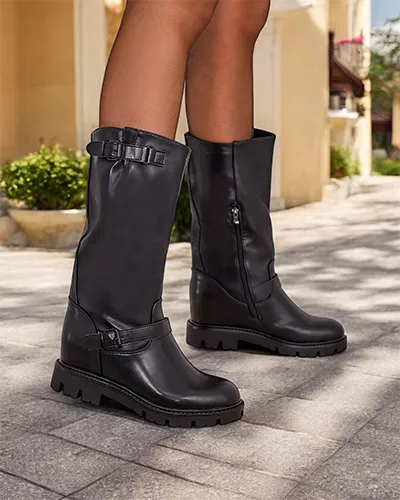 Royalfashion Czarne damskie kozaki z ukrytym koturnem Ewion