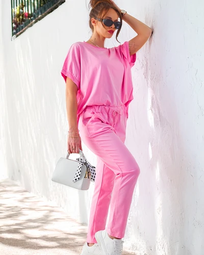 Royalfashion Bawełniany damski komplet z krótkim rękawem i prostymi spodniami