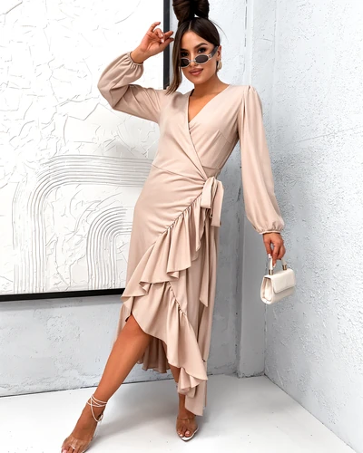 Royalfashion Wiązana damska sukienka midi z falbankami