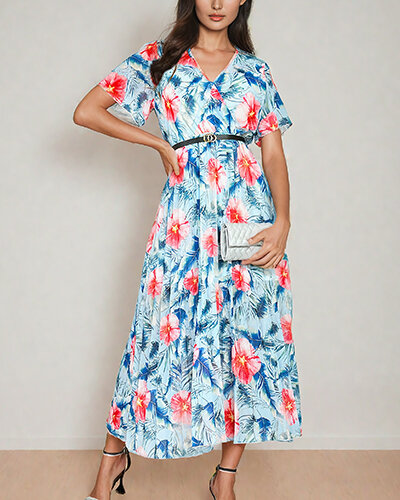 Royalfashion Damska plisowana sukienka midi w kwiaty