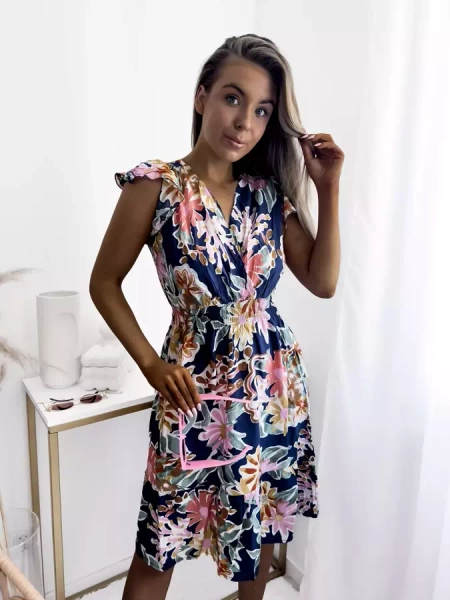 Royalfashion Granatowa sukienka damska mini z printem w kwiaty