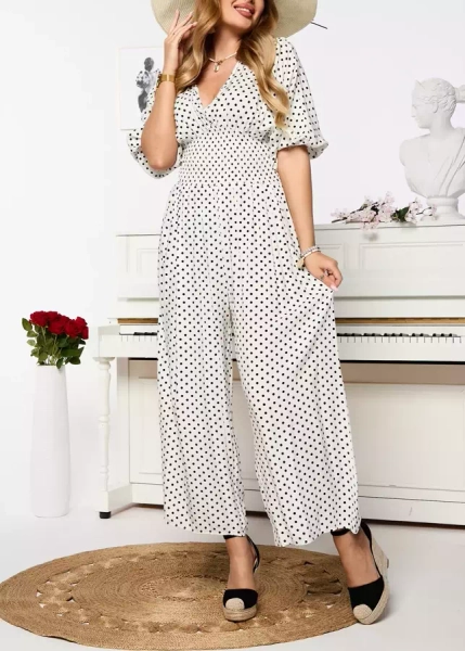 Royalfashion Biały długi kombinezon damski w groszki
