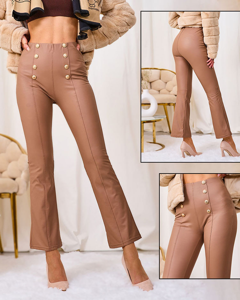 Royalfashion Brązowe damskie eko-skórzane legginsy ze złotymi guzikami