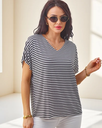 Royalfashion Жіноча блузка з віскози в смужку з коротким рукавом і блискучим покриттям