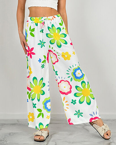 Royalfashion Szerokie spodnie damskie materiałowe w kwiaty