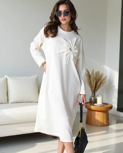 Royalfashion Damska sukienka midi tkaninowa oversize z kwiatem