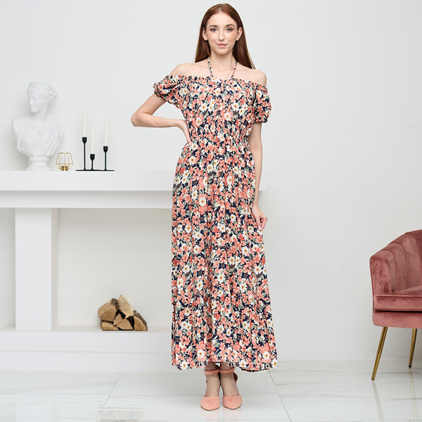 Długa letnia granatowa sukienka damska w koralowe kwiaty- Odzież