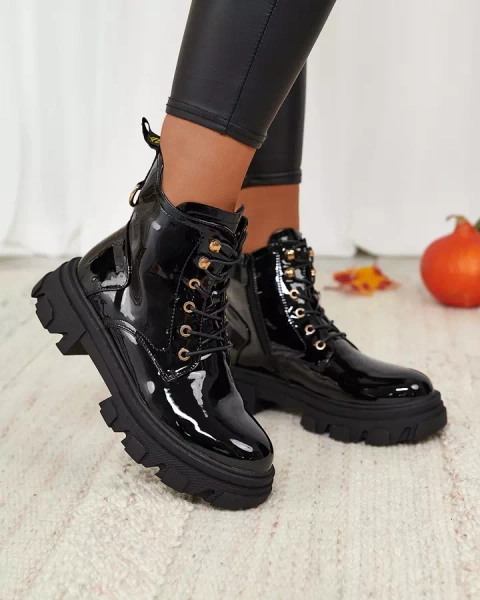 Royalfashion Czarne lakierowane damskie ocieplane botki typu workery Setogia