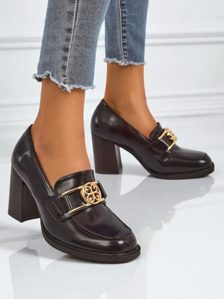 Жіночі лофери Persephone Nero на підборах екошкіра золота пряжка