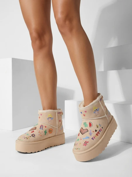 Buty Ocieplane Callisto Angelico z Rysunkami Dziecięcymi na Platformie Beige
