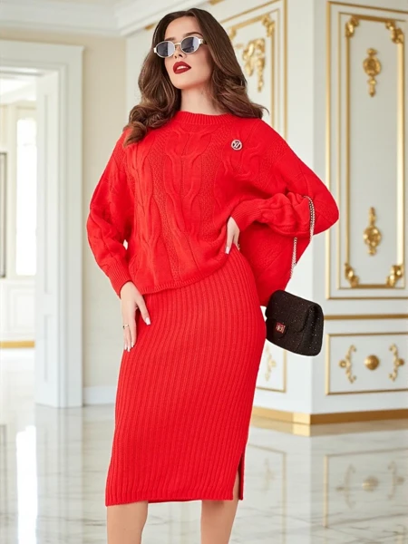 Royalfashion Akrylowy pleciony komplet damski ze swetrem i spódnicą Warm&Fuzzy