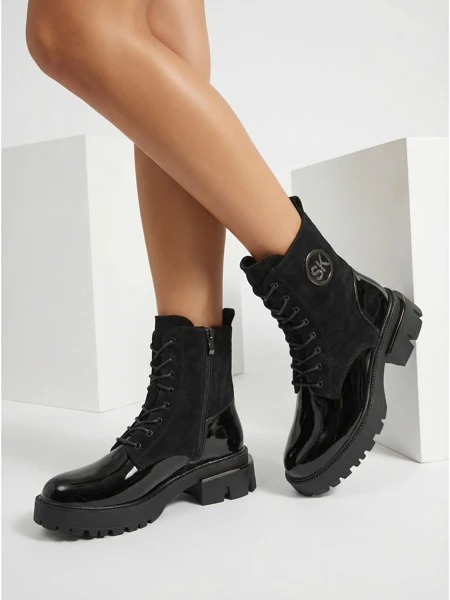 Botki Damskie eko skóra lakierowana i eko zamsz Lalunes