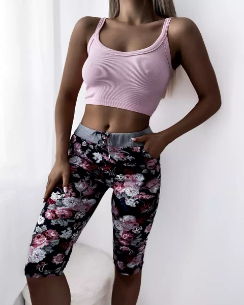 Royalfashion Bordowe damskie spodenki 3/4 z kwiatowym wzorem