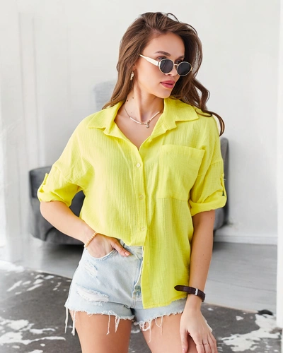 Royalfashion Bawełniana koszula damska z tłoczeniem i z dekoltem w serek i rękawami 3/4