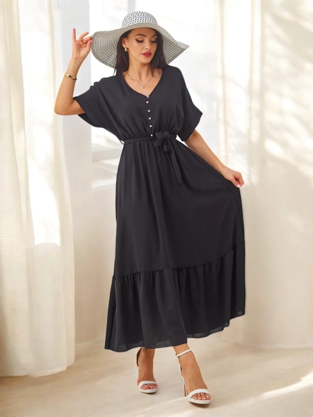 Royalfashion Damska sukienka midi z krótkimi rękawami i ozdobnymi guziczkami