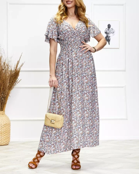 Royalfashion Damska kwiecista sukienka midi w niebiesko-pomarańczowym kolorze