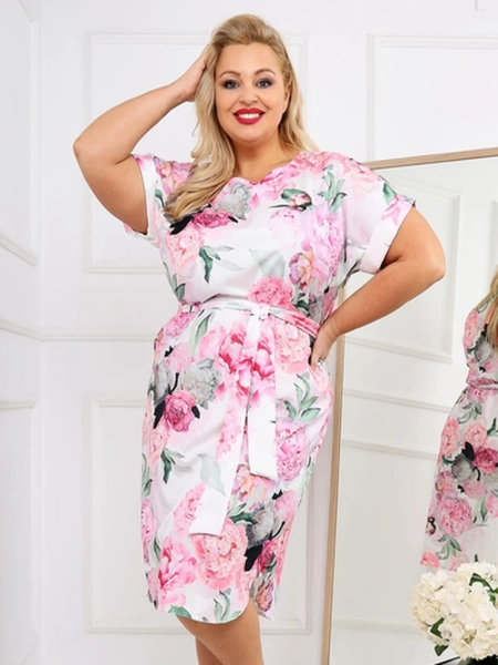 Royalfashion Sukienka damska do kolana z krótkimi rękawami i wiązaniem z różami