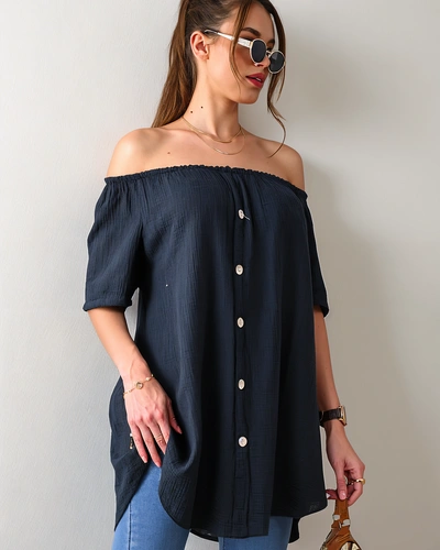 Royalfashion Блуза жіноча з бавовни, натхнена іспанським стилем, з декоративними гудзиками