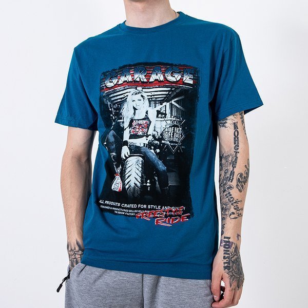 Royalfashion Turkusowy bawełniany t-shirt męski zdobiony printem i napisem