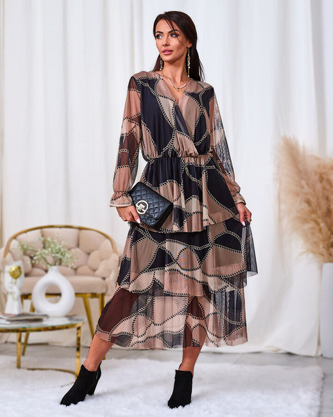 Royalfashion Czarno- jasnobrązowa siateczkowa sukienka midi z printem