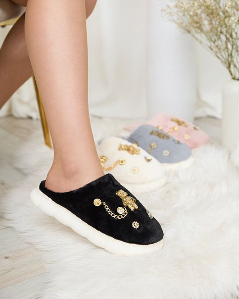 Royalfashion Czarne damskie futrzane kapcie z ozdobami Erserra