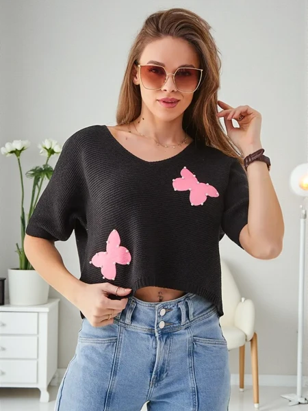 Royalfashion Bawełniany damski krótki sweter w motylki