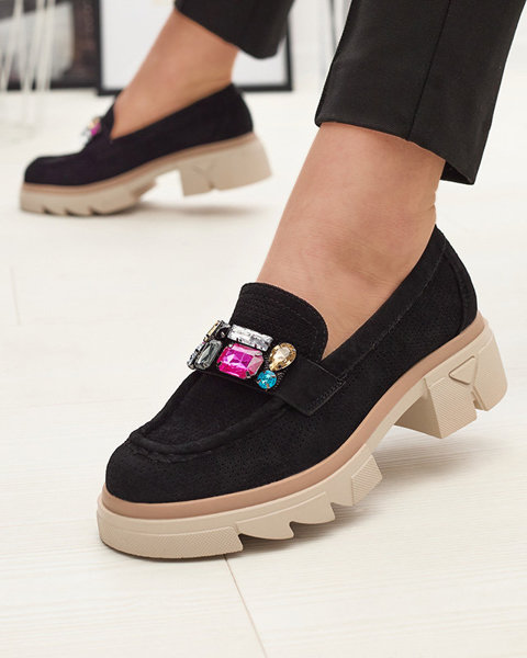 Royalfashion Czarne ażurowe mokasyny damskie z ozdobą Bokkso