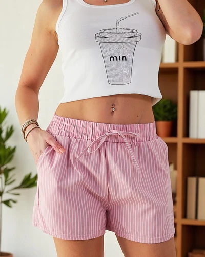 Royalfashion Krótkie spodenki damskie z gumką i troczkami w pasie we wzór w paski