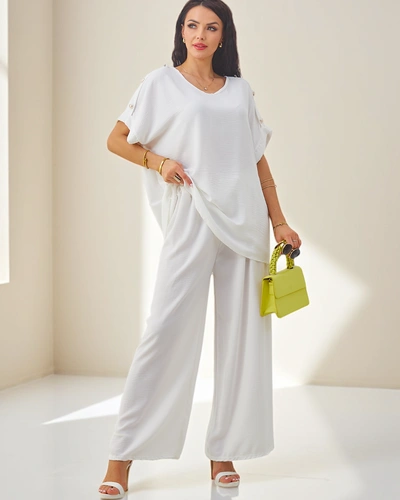 Royalfashion Bawełniany damski komplet z krótkim rękawem i poszerzanymi spodniami