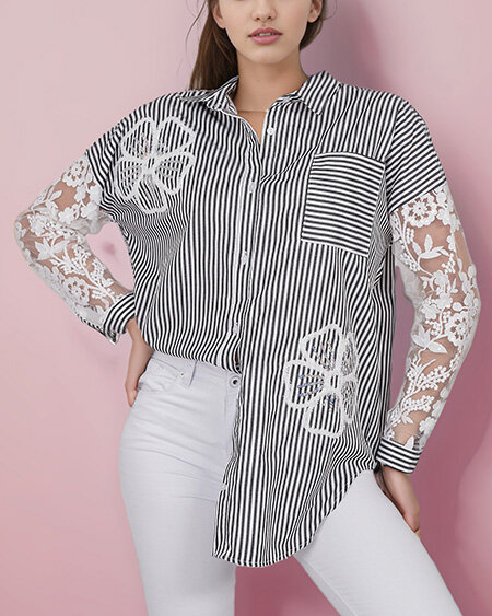Royalfashion Koszula damska w paski z koronką
