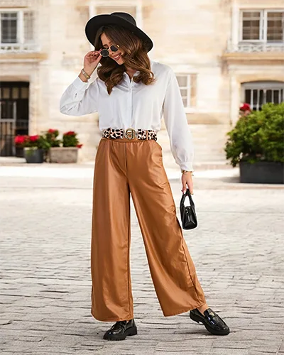 Royalfashion Szerokie spodnie damskie eko skórzane