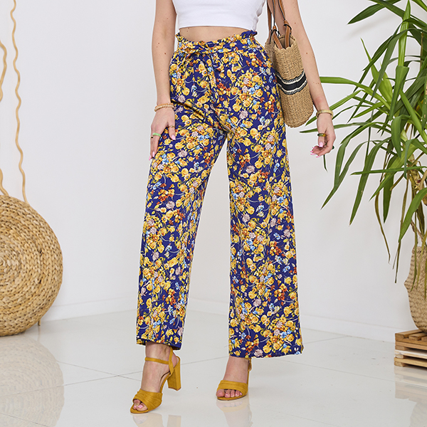 Royalfashion Damskie granatowe spodnie typu palazzo w kwiaty
