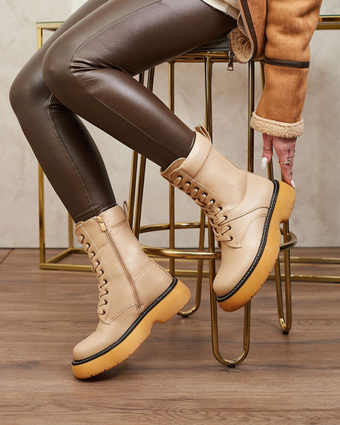 Royalfashion Beżowe damskie sznurowane botki na masywnej podeszwie Diret